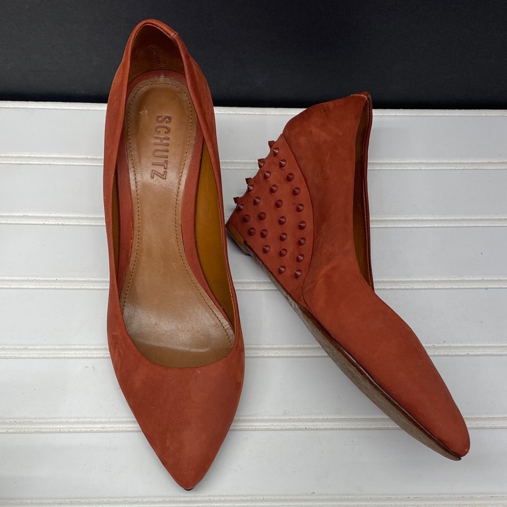 Schutz Rust Suede Studded Wedge Heeled Shoes Size 9.5B